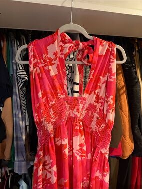 Pink & Red Floral Backless Halter Dress